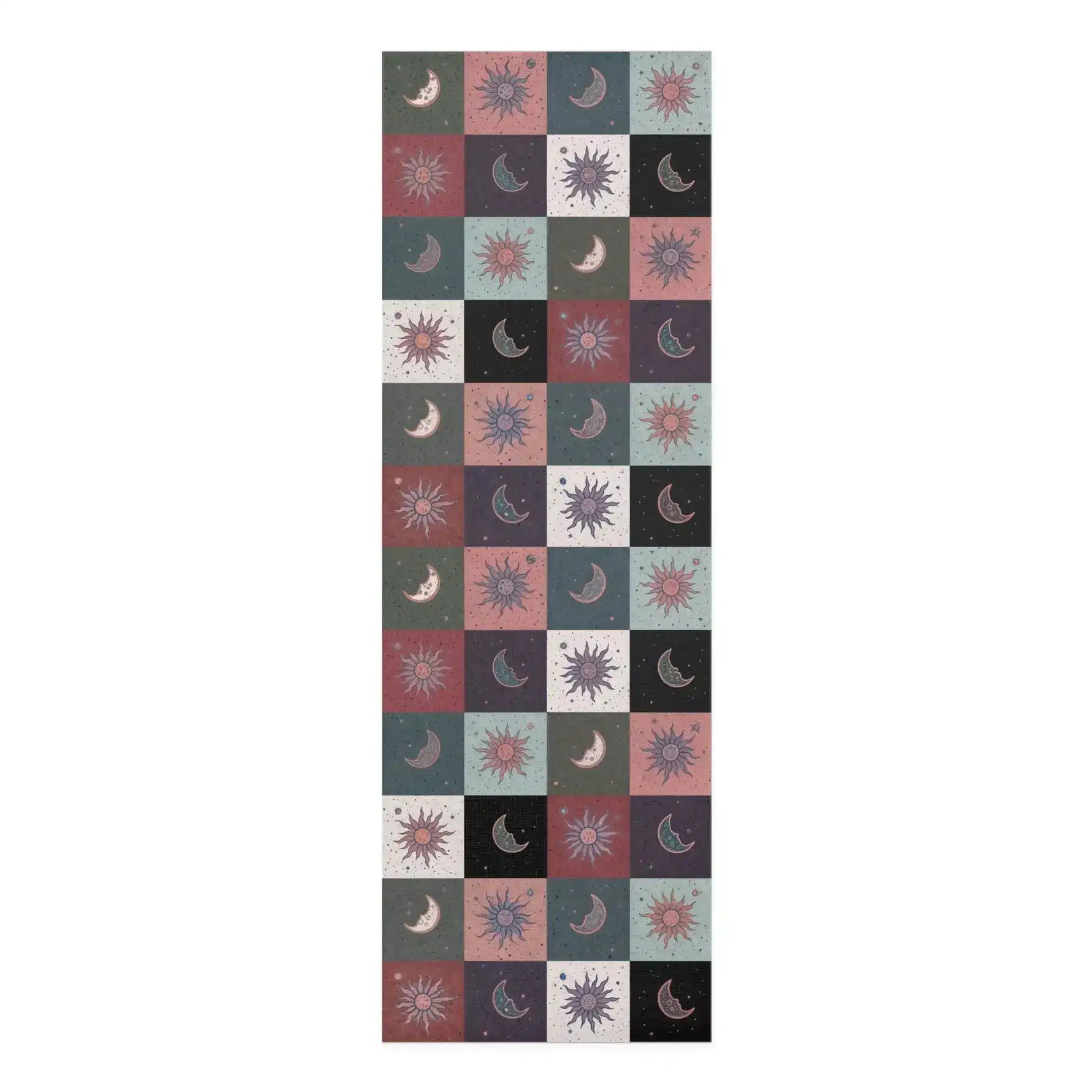 Full-length Cosmic Balance mat, checkerboard of muted sun and moon tiles in mauve, teal and charcoal