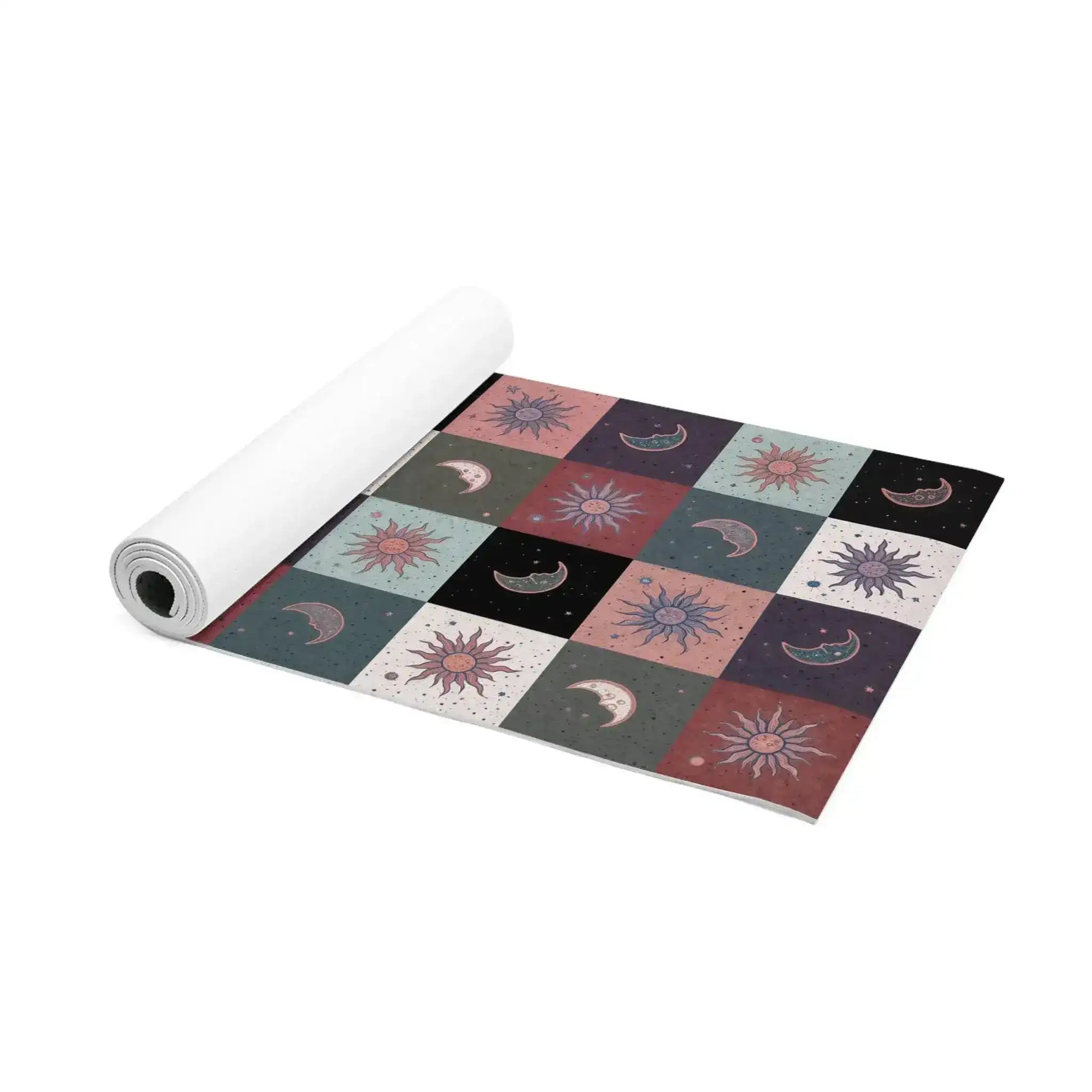 Cosmic Balance mat partly rolled, celestial sun and moon tiles showing with white underside