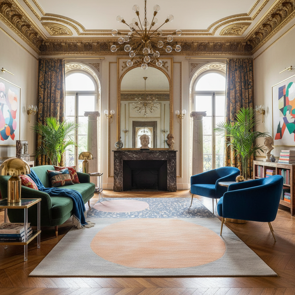 Luxurious living room with ornate ceiling, large windows, a contemporary wool rug, and elegant furniture.