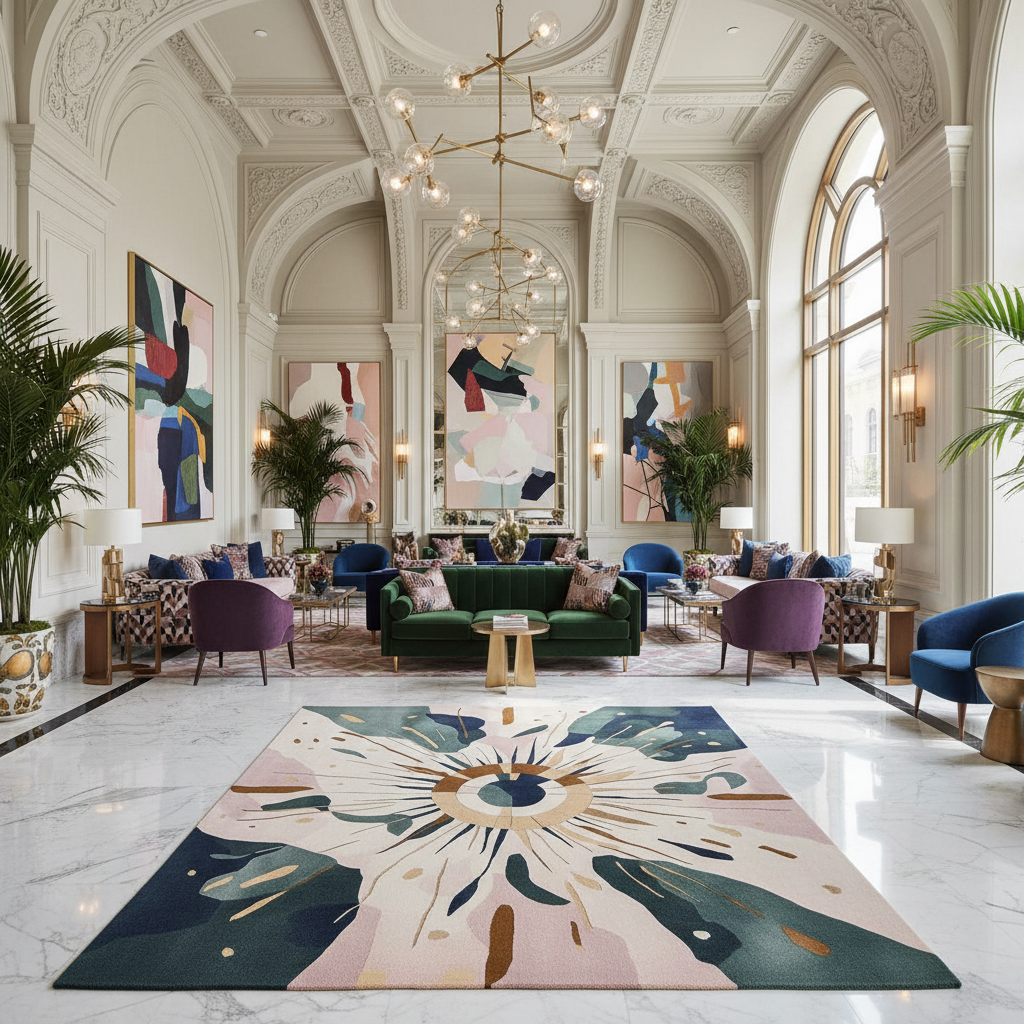 Luxurious interior with a colorful rug, furniture, and abstract art in a high-end setting.