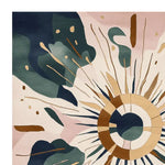 A vibrant, hand-tufted square area rug featuring an abstract design with a cosmic burst pattern in earthy tones of green, blue, and brown. Perfect for adding a contemporary touch to living room spaces, this wool rug blends style and comfort.