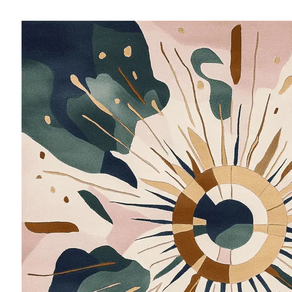 A vibrant, hand-tufted square area rug featuring an abstract design with a cosmic burst pattern in earthy tones of green, blue, and brown. Perfect for adding a contemporary touch to living room spaces, this wool rug blends style and comfort.