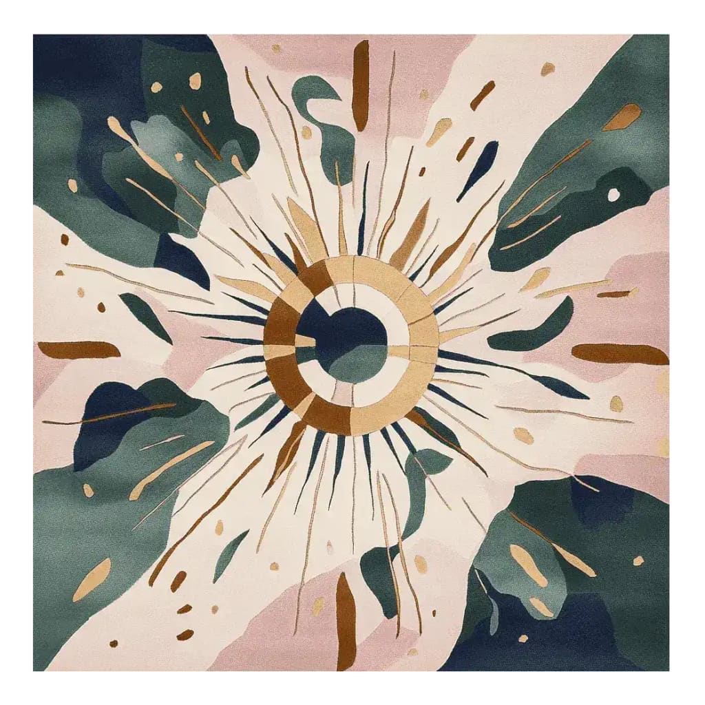 This striking area rug, titled 'Cosmic Burst Hand Tufted Rug', features a dynamic abstract design with a central circular motif surrounded by vibrant explosions of color. Perfect as a square rug for contemporary spaces, this wool rug adds a modern touch to any living room. Its artistic pattern makes it an ideal choice for those seeking unique area rugs for living room decor.