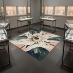 Decorative rug with a floral design in a jewelry store setting