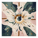 A vibrant Cosmic Burst Hand Tufted Area Rug featuring an abstract design with a central circular burst in earthy tones of beige, green, and pink. This contemporary square wool rug is perfect for adding a modern touch to living room spaces.