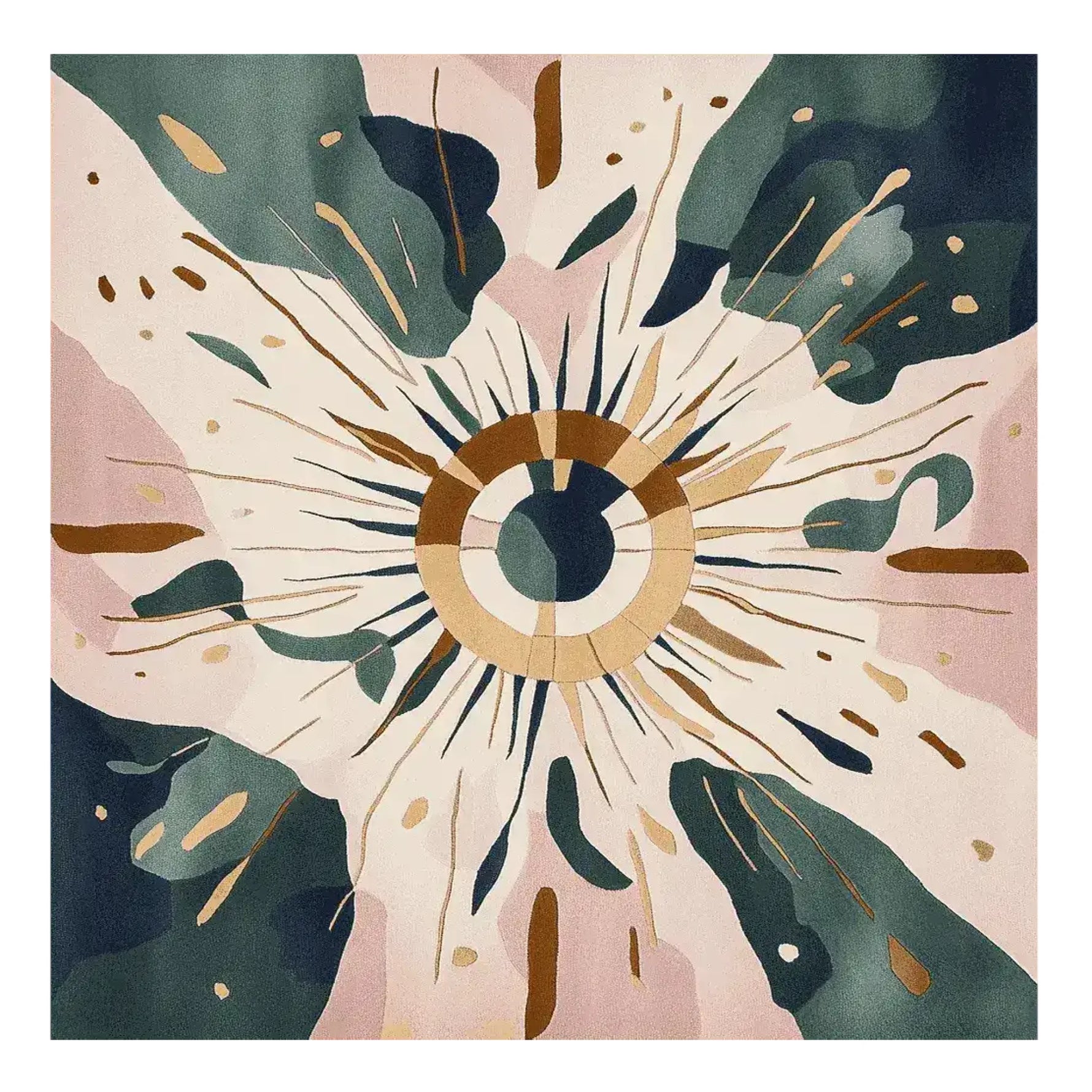 A vibrant Cosmic Burst Hand Tufted Area Rug featuring an abstract design with a central circular burst in earthy tones of beige, green, and pink. This contemporary square wool rug is perfect for adding a modern touch to living room spaces.