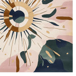 A vibrant Cosmic Burst Hand Tufted Area Rug showcasing an abstract design with a central circular motif and radiating lines in earthy tones. This contemporary square rug features a mix of pink, green, and beige hues, perfect for adding a dynamic touch to living room decor, crafted meticulously from wool.