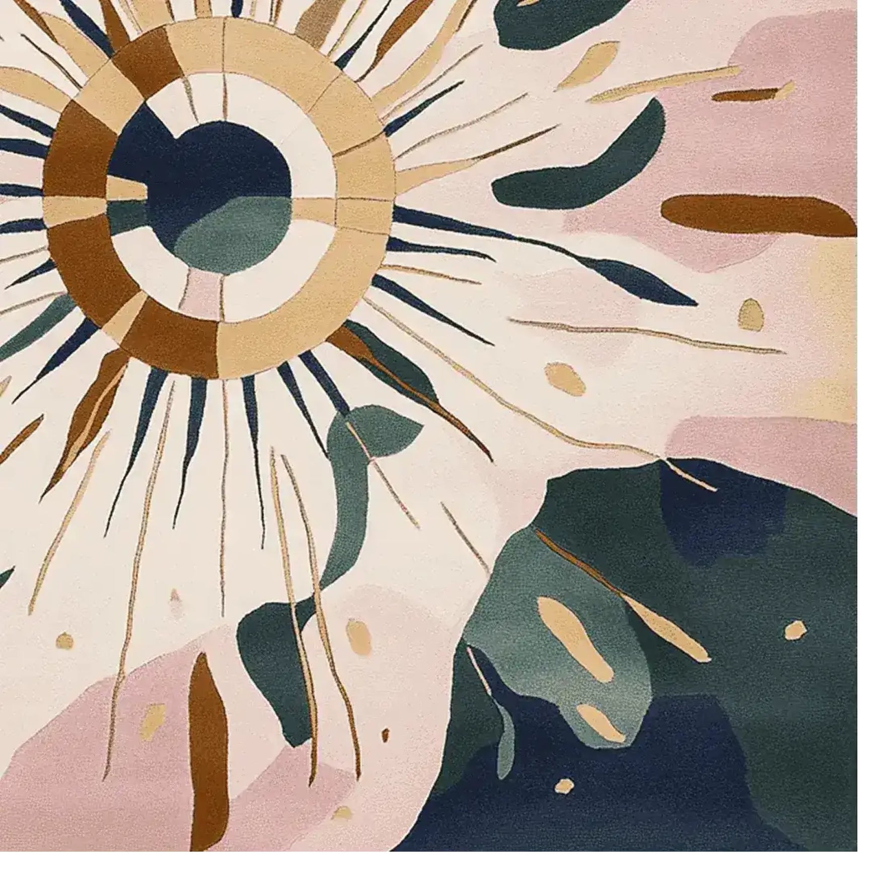 A vibrant Cosmic Burst Hand Tufted Area Rug showcasing an abstract design with a central circular motif and radiating lines in earthy tones. This contemporary square rug features a mix of pink, green, and beige hues, perfect for adding a dynamic touch to living room decor, crafted meticulously from wool.