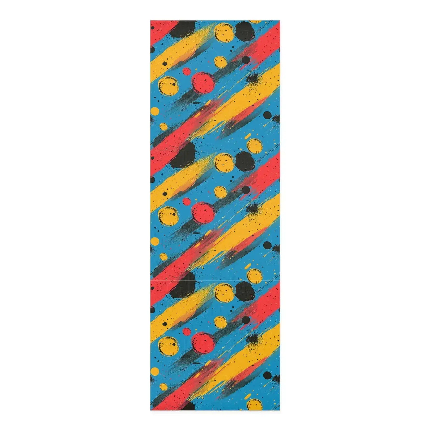 Cosmic Energy Flow yoga mat, diagonal red and yellow brushstrokes with dots on bold blue