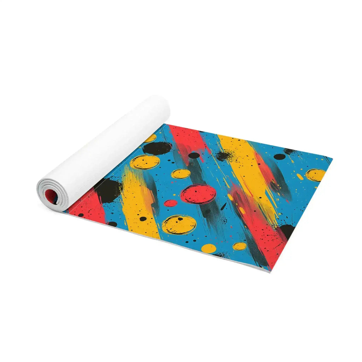 Cosmic Energy Flow yoga mat partially rolled, splattered red, yellow and black marks on blue