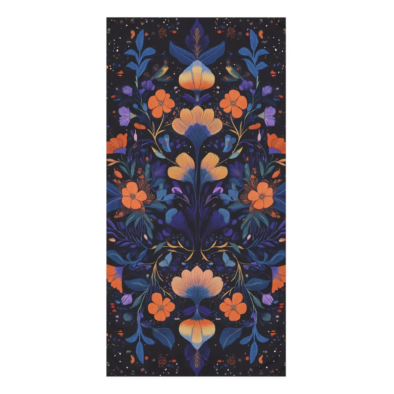 Bath towel dark navy abstract embroidered face motif white gold brushstrokes cosmic floral design