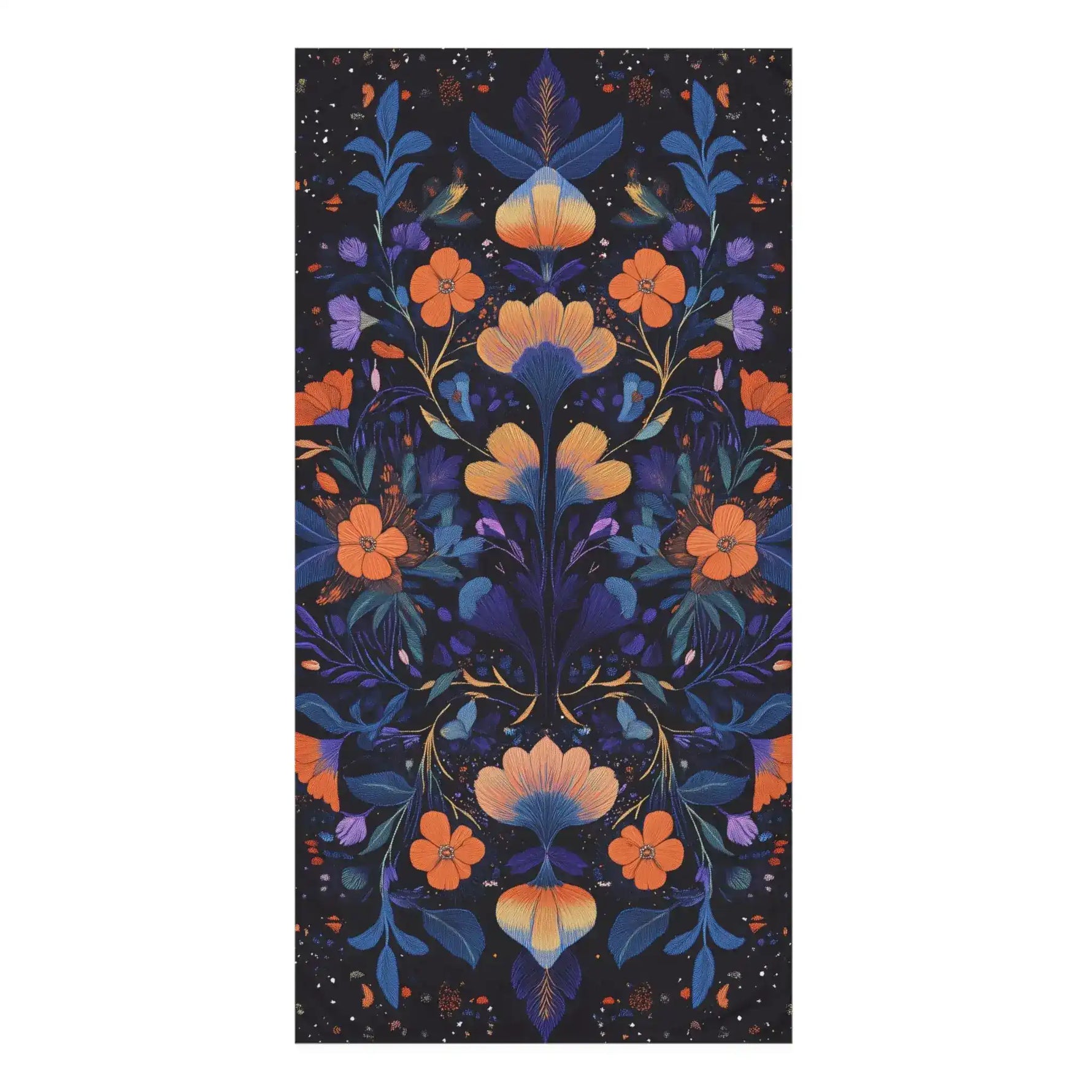 Bath towel dark navy abstract embroidered face motif white gold brushstrokes cosmic floral design