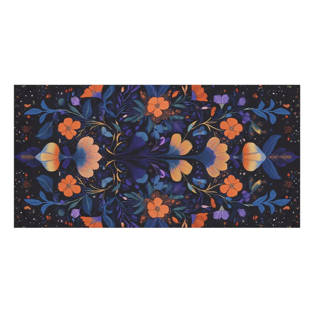 Cosmic Floral Embroidery Bath Towel flat lay dark navy orange floral repeat symmetrical pattern top view