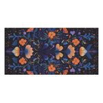 Cosmic Floral Embroidery Bath Towel flat lay dark navy orange floral repeat symmetrical pattern top view