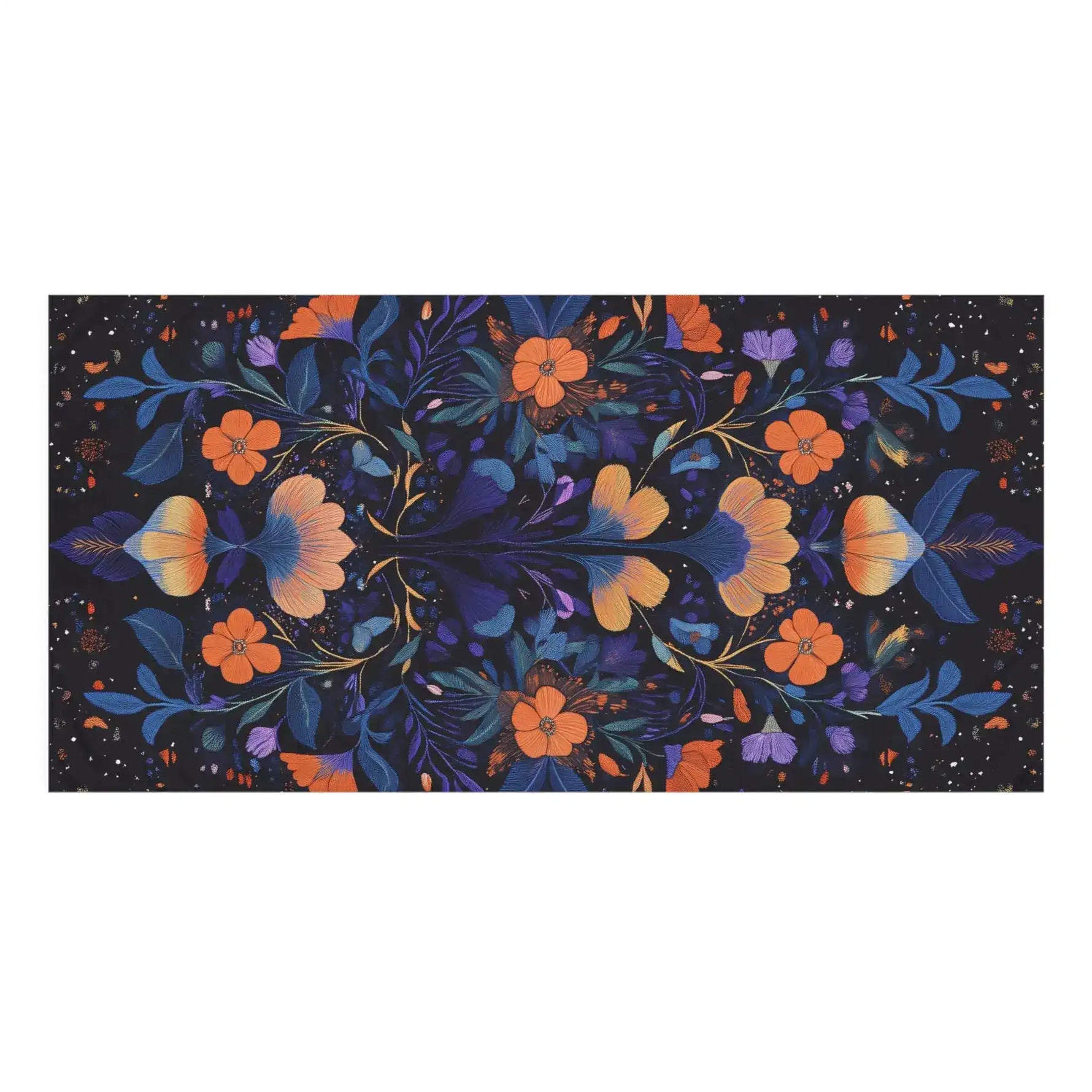 Cosmic Floral Embroidery Bath Towel flat lay dark navy orange floral repeat symmetrical pattern top view