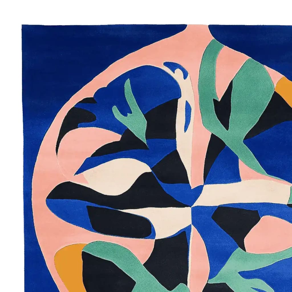 Top view of the Cosmic Tide Bloom Hand Tufted Rug, a contemporary wool area rug featuring an abstract design with bold colors including blue, pink, green, and black. Perfect for adding a modern touch to large living rooms, this square rug combines artistic flair with functionality.