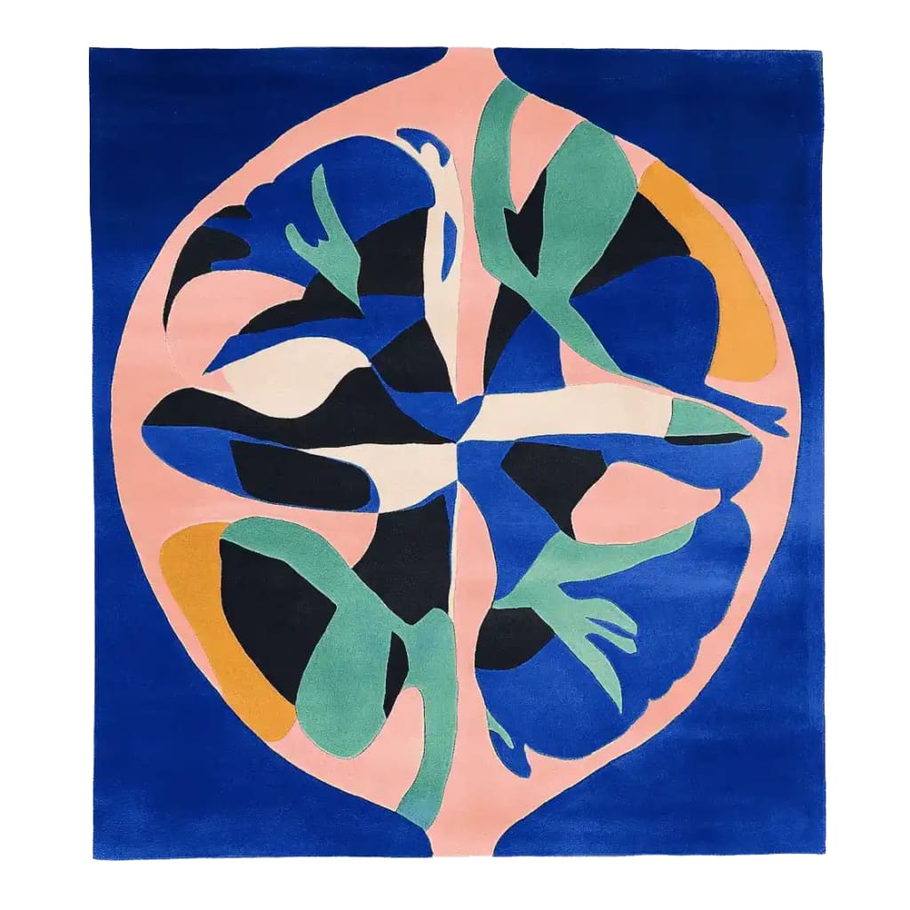 Vibrant Cosmic Tide Bloom Hand Tufted Area Rug featuring a contemporary abstract design in blue, pink, green, and orange. This square area rug is perfect for adding a pop of color to large living rooms, offering a stylish and modern touch with its wool texture and intricate patterns.