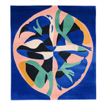 Vibrant Cosmic Tide Bloom Hand Tufted Area Rug featuring a contemporary abstract design in blue, pink, green, and orange. This square area rug is perfect for adding a pop of color to large living rooms, offering a stylish and modern touch with its wool texture and intricate patterns.