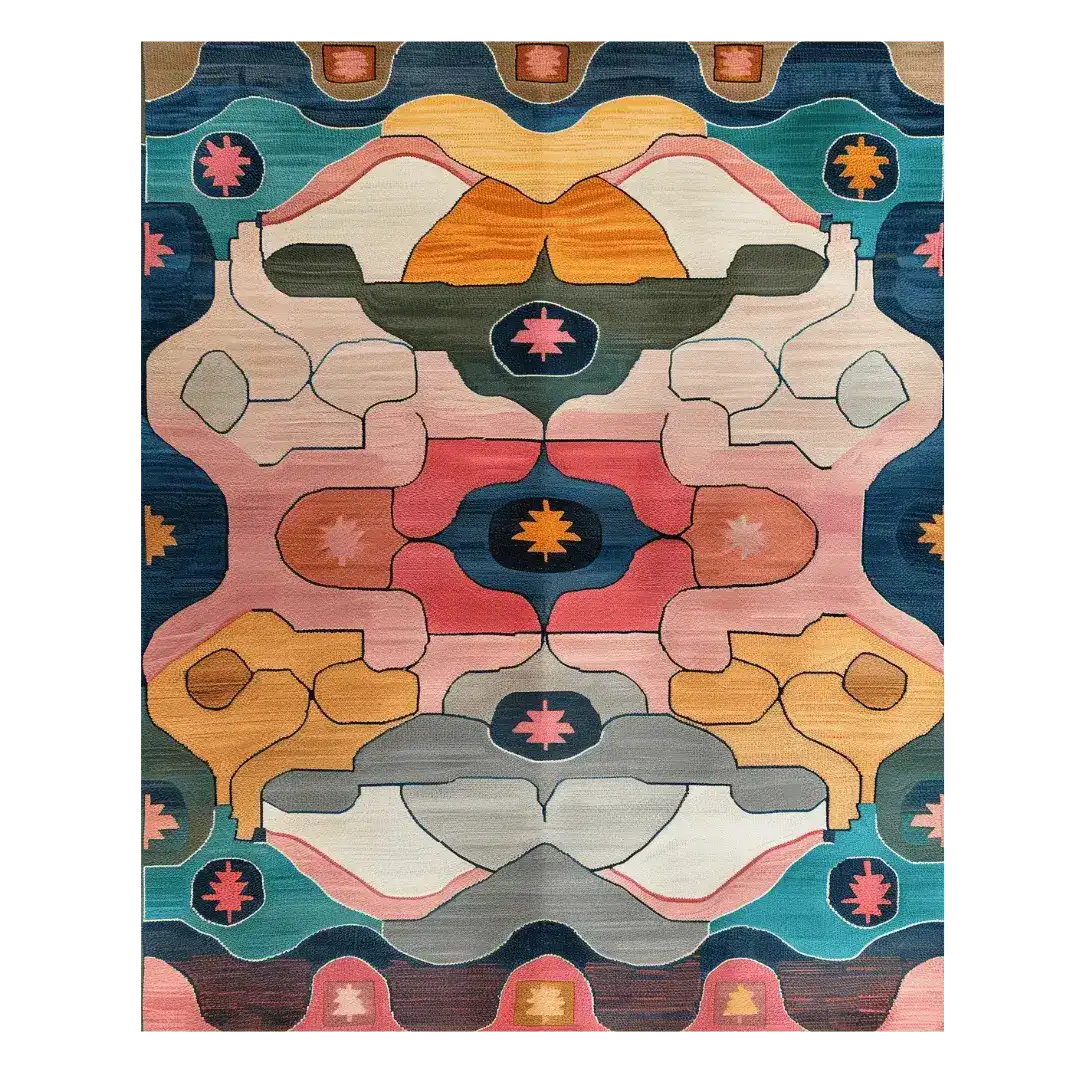 The Cosmic Tides Hand Tufted Rug is a striking area rug featuring an abstract, colorful pattern with shades of pink, blue, orange, and green. This wool rug is perfect for adding a vibrant touch to any living room, making it a standout among large area rugs. Ideal for those seeking unique rugs for living room decor.