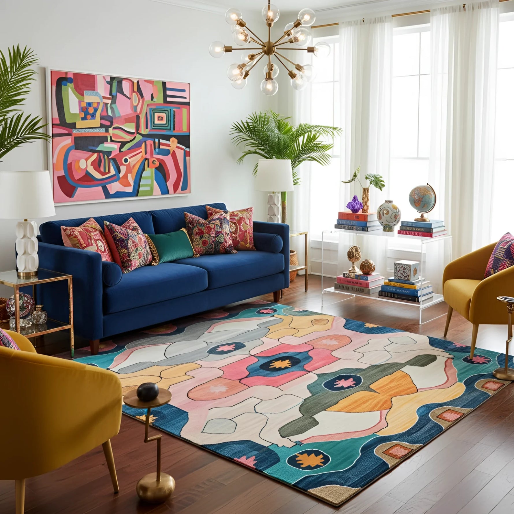 Living room with a blue sofa, colorful rug, and abstract art on the wall.