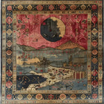 Explore the exquisite design of this Countryside Charm Hand Knotted Area Rug, featuring a square shape perfect for your living room or office. This vintage wool rug showcases a captivating landscape scene with a large moon, mountains, and floral patterns, offering a blend of traditional and artistic elements. A stunning addition to any space, this square area rug provides both elegance and warmth.