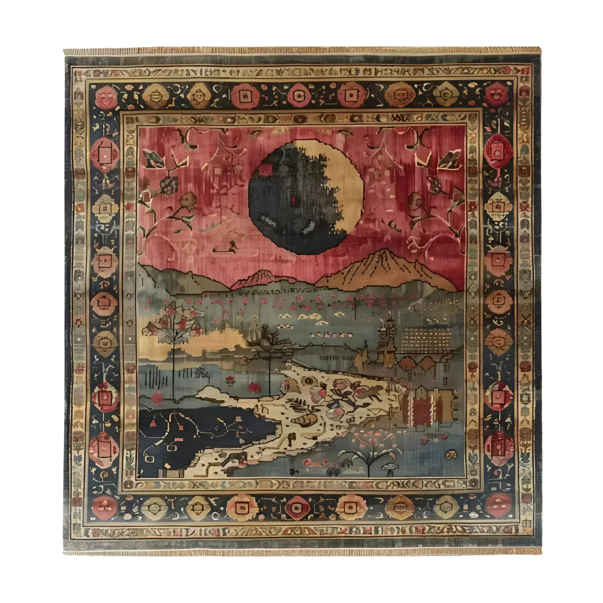 A beautiful hand-knotted area rug showcasing a vibrant countryside scene with mountains and a large sun, perfect for enhancing the charm of any living room or office space. This wool rug features intricate patterns and rich colors, making it an ideal choice for those seeking stylish rugs for living room or office rugs.
