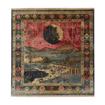 A beautiful hand-knotted area rug showcasing a vibrant countryside scene with mountains and a large sun, perfect for enhancing the charm of any living room or office space. This wool rug features intricate patterns and rich colors, making it an ideal choice for those seeking stylish rugs for living room or office rugs.