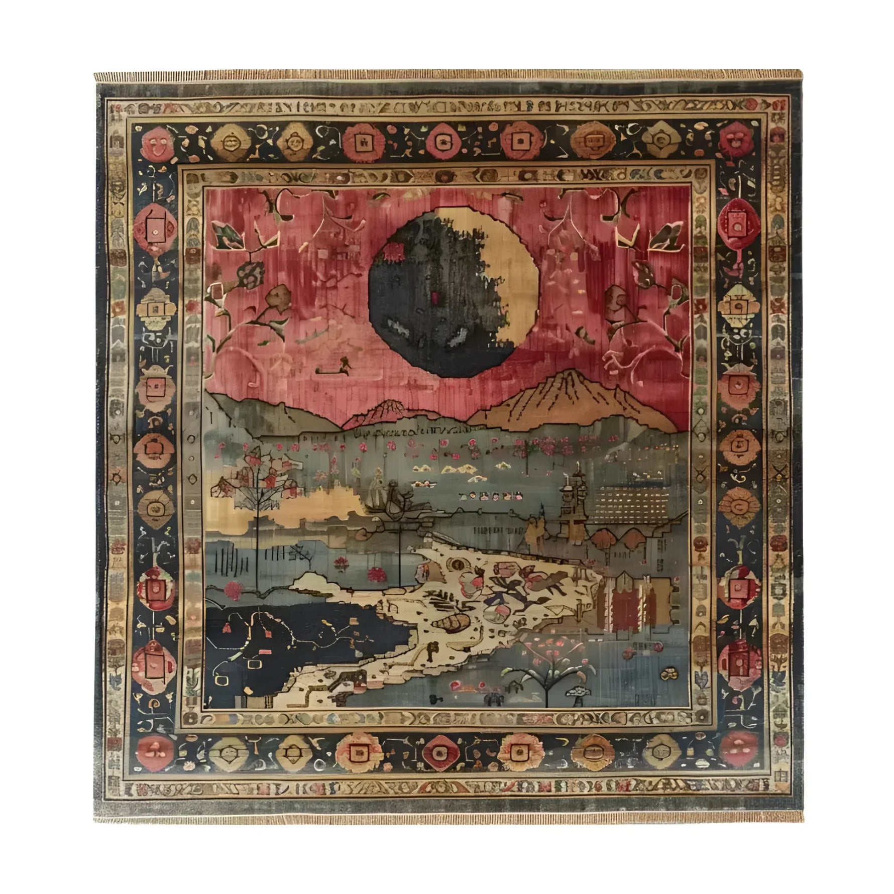 A beautiful hand-knotted area rug showcasing a vibrant countryside scene with mountains and a large sun, perfect for enhancing the charm of any living room or office space. This wool rug features intricate patterns and rich colors, making it an ideal choice for those seeking stylish rugs for living room or office rugs.