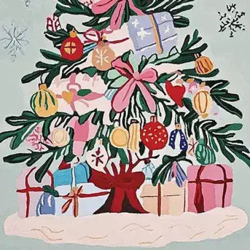 A beautifully hand-tufted wool rug featuring a festive Christmas tree with colorful ornaments and presents. Perfect for adding a touch of cozy charm to your living room area, this large area rug is an ideal choice for those seeking a stylish and warm wool rug for the holiday season.