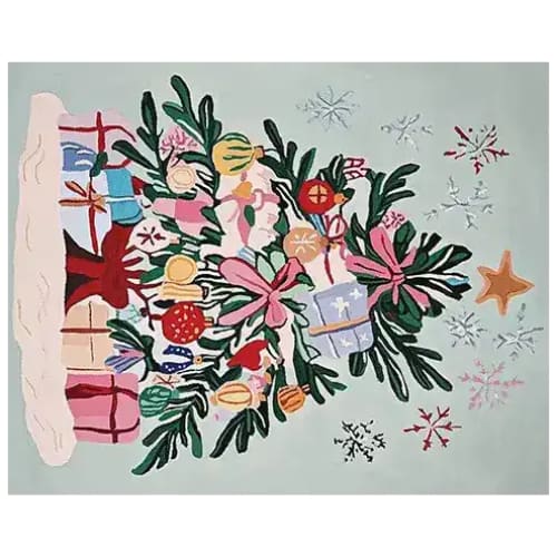A beautifully designed area rug with a festive Christmas tree adorned with colorful ornaments and gifts, perfect for adding a touch of holiday cheer to your living room. This wool rug features intricate details and vibrant colors, making it an ideal large living room rug for the season.
