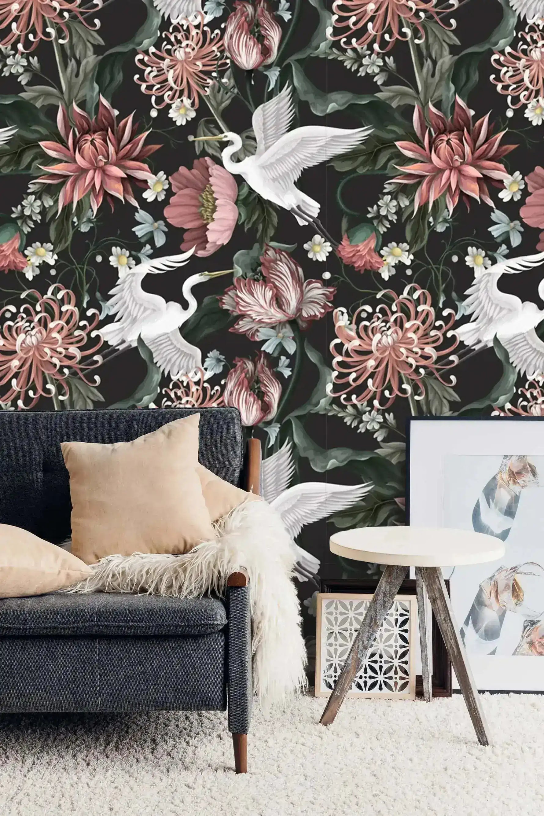 White crane blooms wallpaper installed in living room: flying cranes amid pink chrysanthemums on dark background