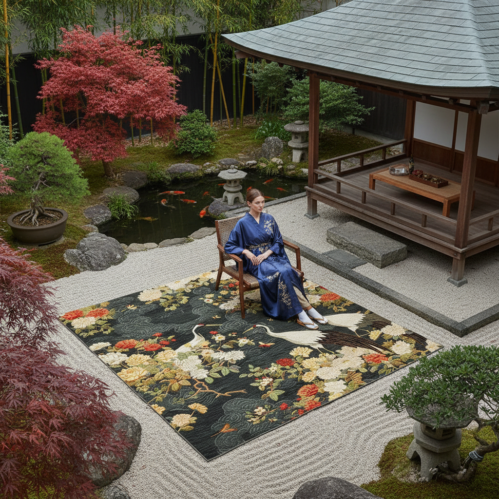 Woman in a blue kimono sitting on a wooden chair, a chinoiserie crane rug, in a Japanese garden with a tea house.