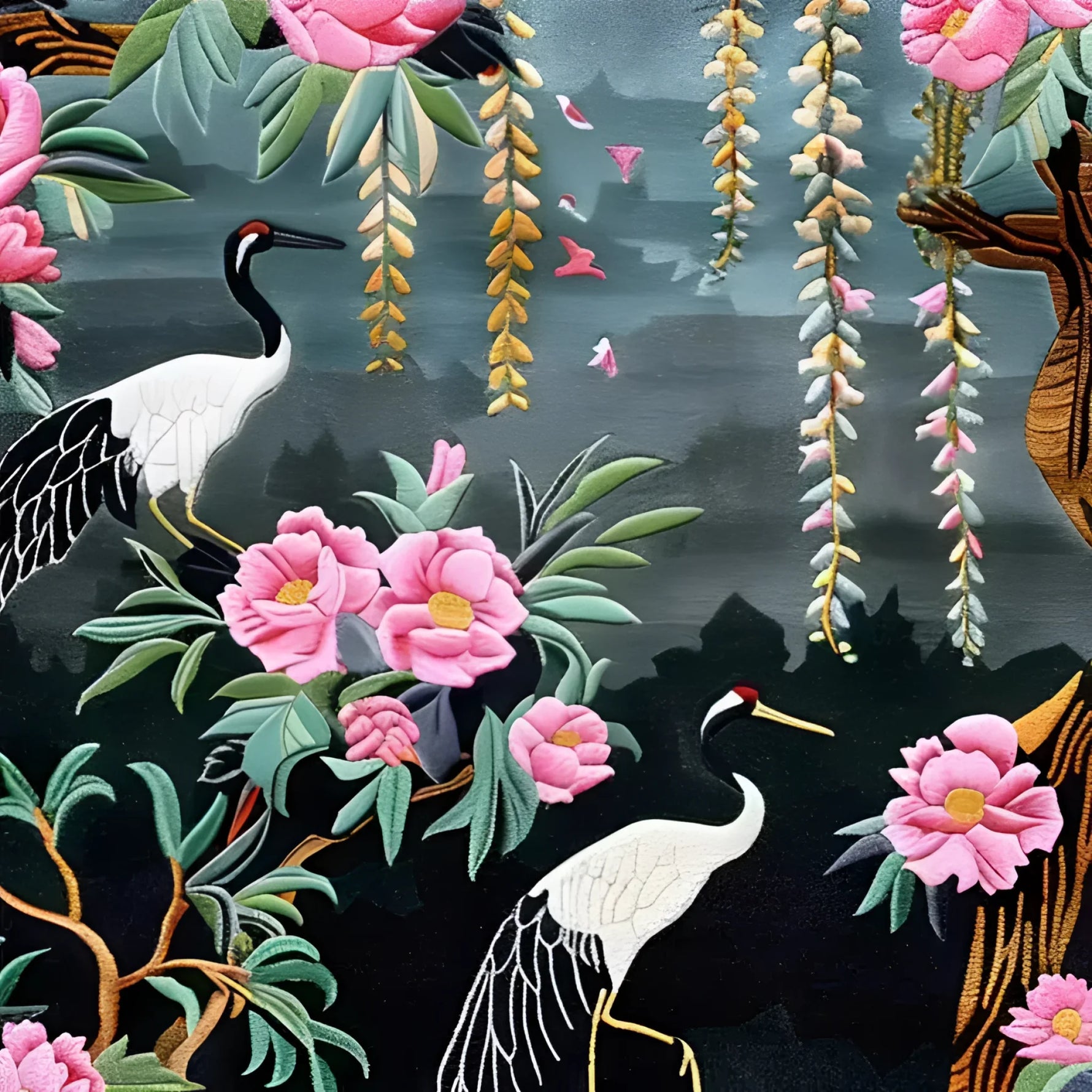 This vibrant area rug features a whimsical design with elegant cranes and vivid pink petals set against a dark, lush background. Perfect for adding a touch of Persian-inspired charm to any living room, this hand-knotted wool rug is ideal as an 8x10 living room centerpiece or a unique square area rug. The intricate details and luxurious texture make it a standout choice among area rugs for living rooms.