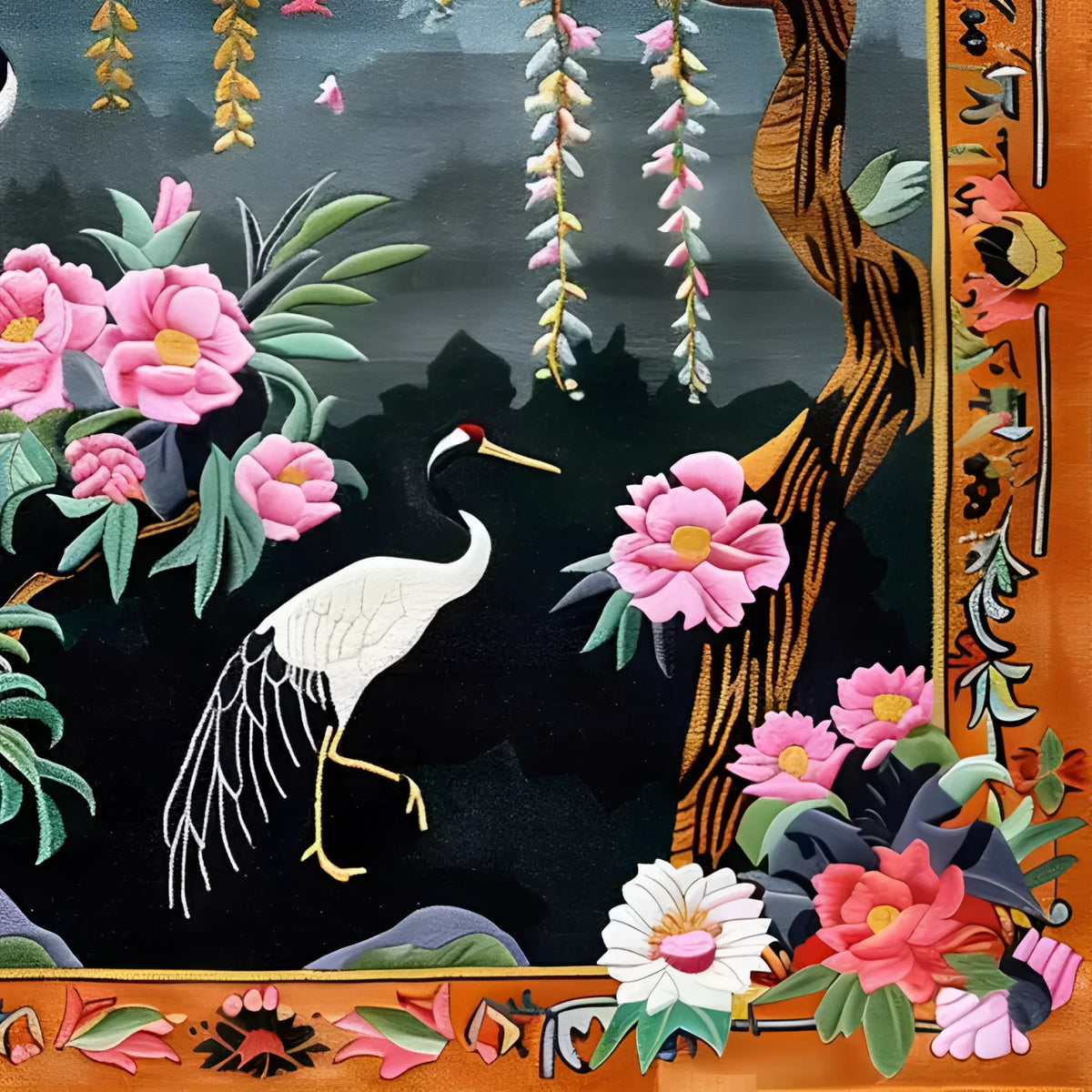 Beautifully detailed Crane & Pink Petal Whimsy Hand Knotted Area Rug, perfect for adding a touch of elegance to your living room. This square area rug features a vibrant design with a crane amidst pink petals, evoking the charm of traditional Persian rugs. Ideal for living room spaces, especially as an 8x10 wool rug centerpiece.