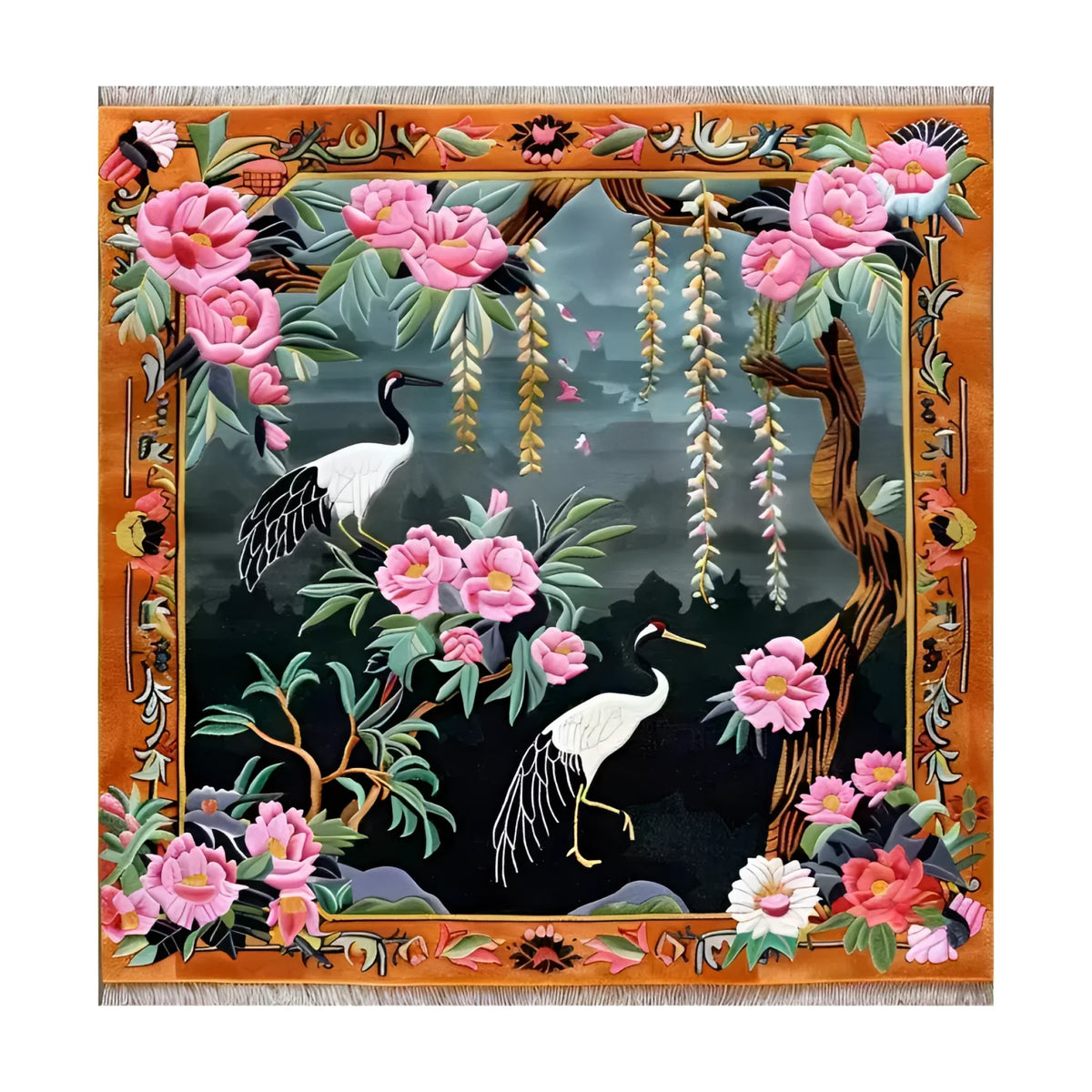 A beautifully designed Crane & Pink Petal Whimsy Hand Knotted Area Rug, perfect for a living room. This wool rug features an intricate Persian rug style with vibrant pink petals and graceful cranes, ideal for large living room spaces.