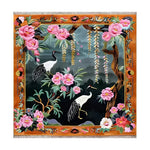 A beautifully designed Crane & Pink Petal Whimsy Hand Knotted Area Rug, perfect for a living room. This wool rug features an intricate Persian rug style with vibrant pink petals and graceful cranes, ideal for large living room spaces.