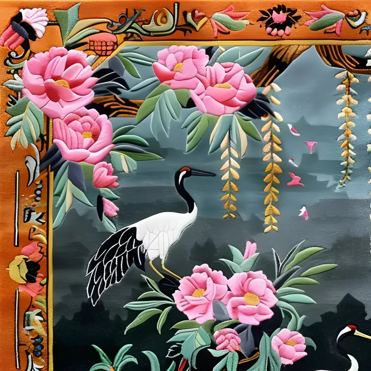 Vibrant Crane & Pink Petal Whimsy Hand Knotted Area Rug featuring detailed floral patterns and cranes. Ideal for adding a touch of elegance to living room spaces, this wool rug combines the charm of Persian rugs with the versatility of area rugs for the living room. Perfect as a square area rug, it enhances any living room setting with its 8x10 dimensions.