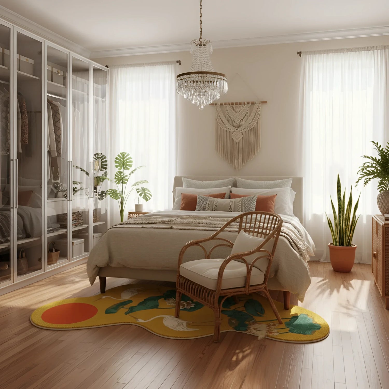 Modern bedroom with a bed, chair, and colorful yellow hand made rug.