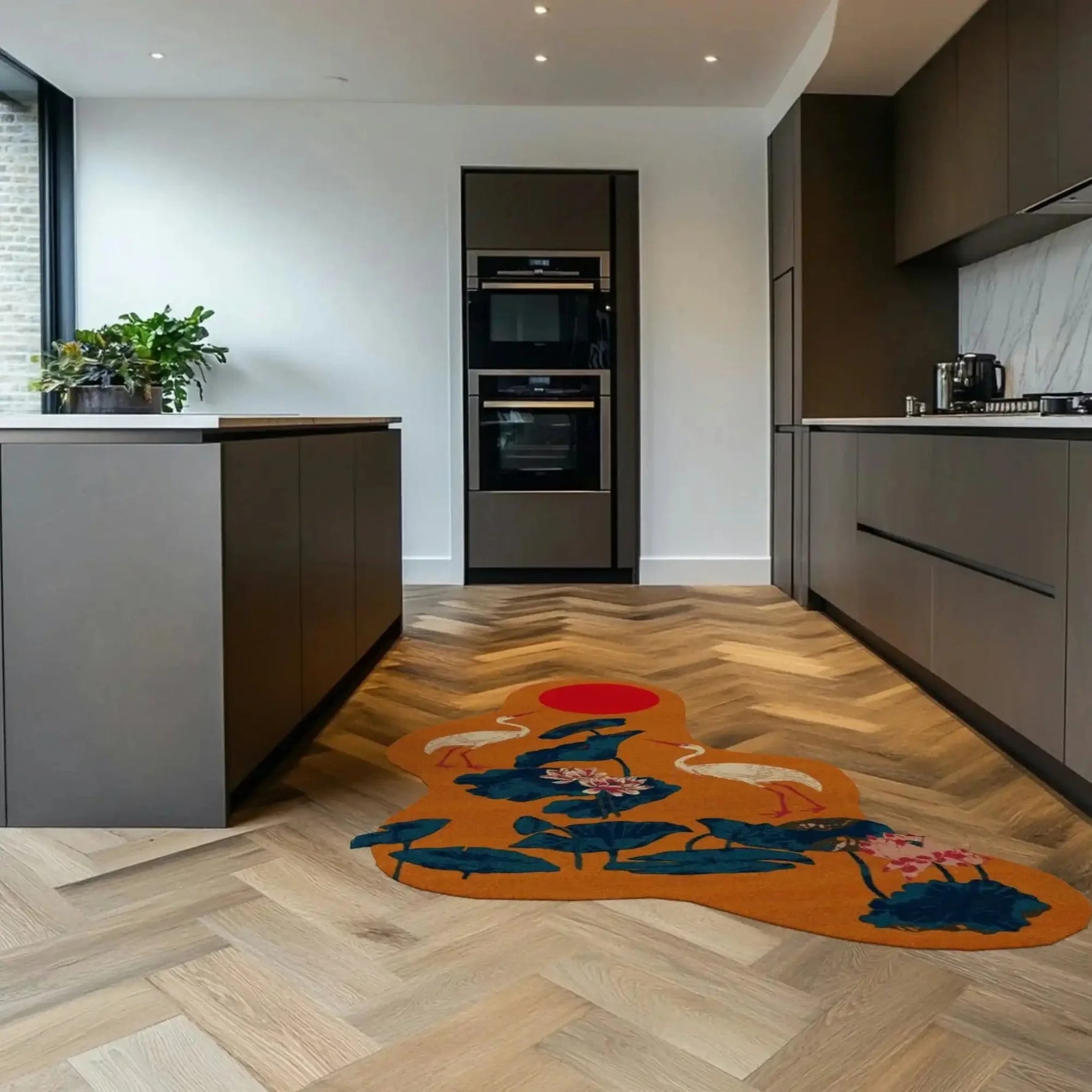 Cranes and Lotus in a Sunny Pond Hand Tufted Rug - Orange