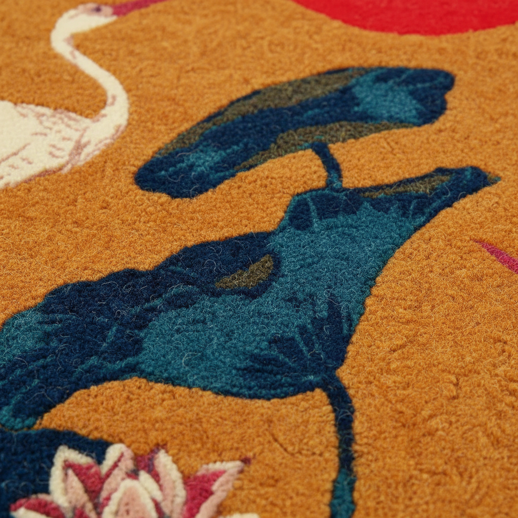 Close-up of a textured rug with blue bird and pink flower design on an orange background
