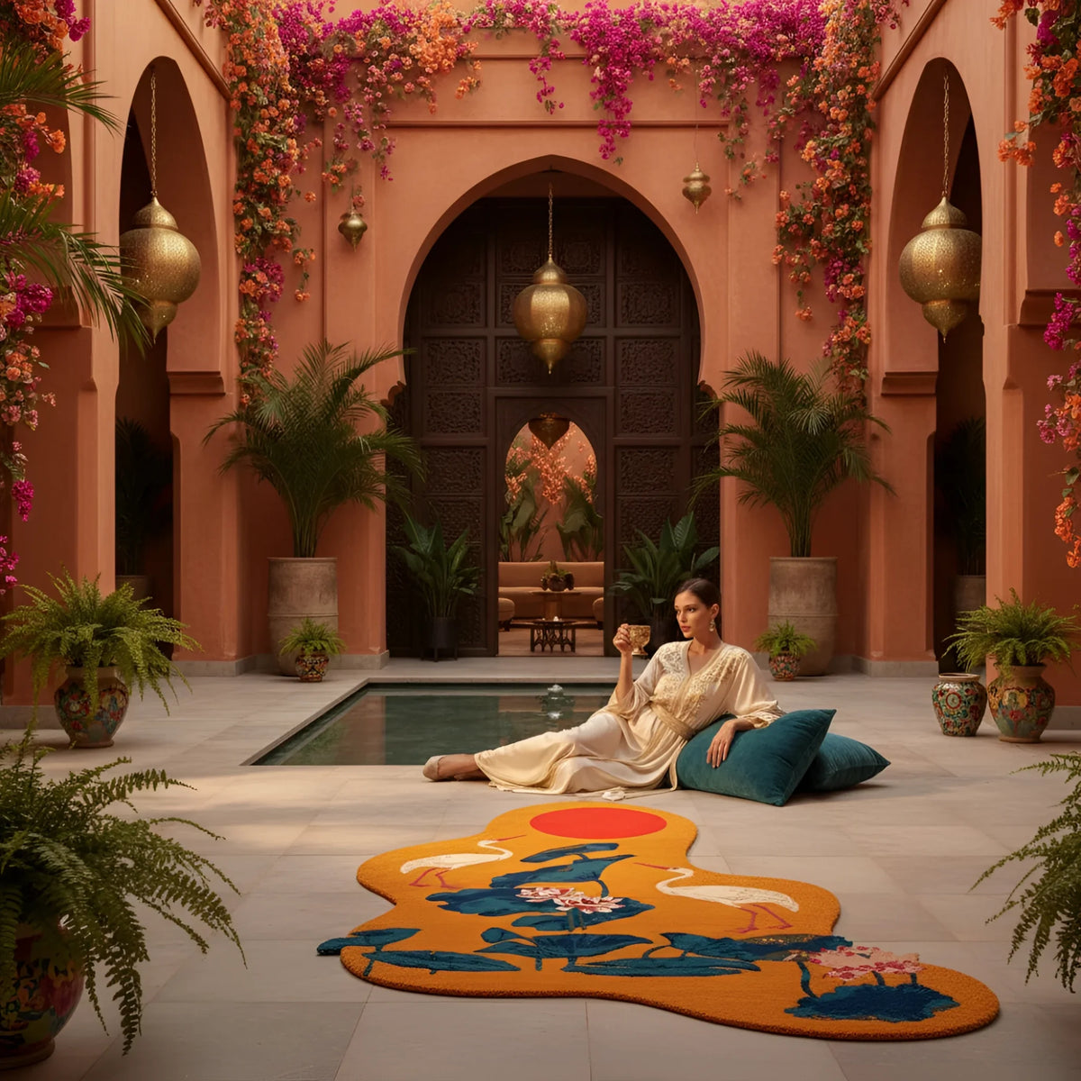 Woman sitting on a colorful rug in a decorative courtyard with flowers and plants.