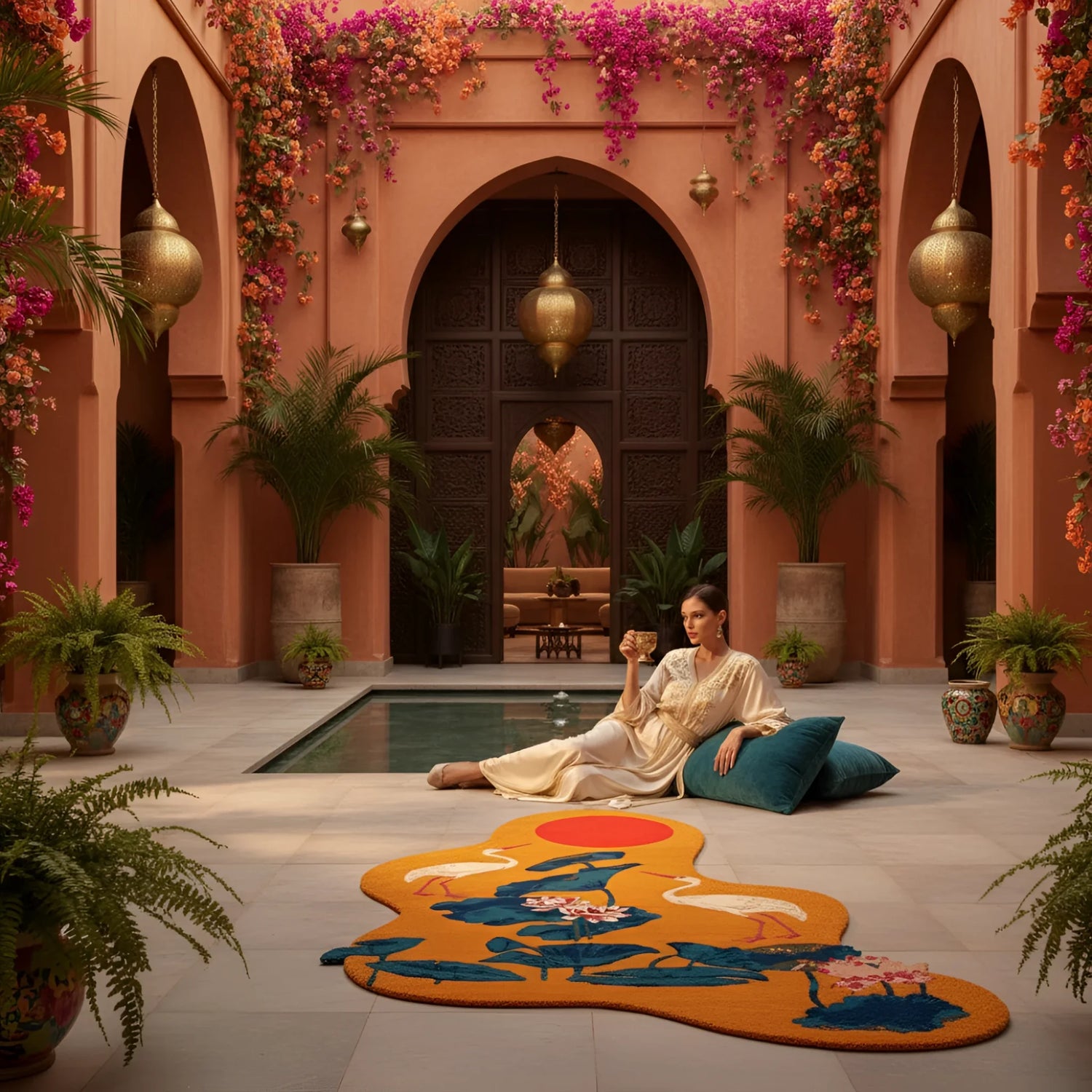 Woman sitting on a colorful rug in a decorative courtyard with flowers and plants.