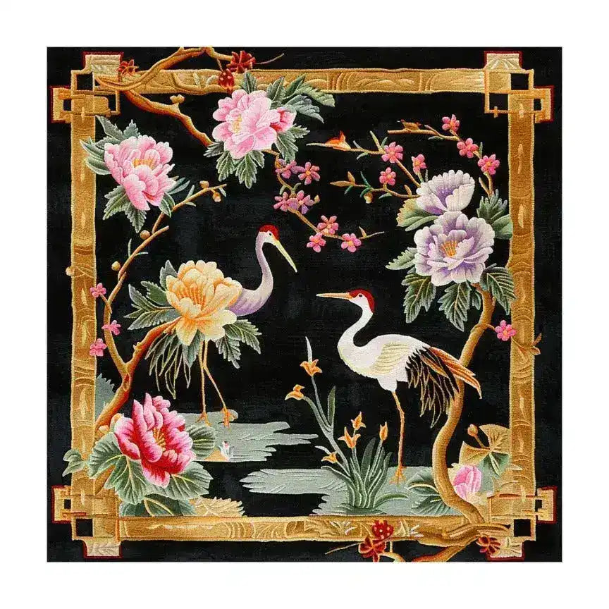 Beautiful Cranes in Floral Harmony hand-tufted area rug showcasing an elegant design with vibrant flowers and graceful cranes. Ideal for adding a touch of sophistication to dining room carpets, this wool rug combines artistry and functionality.