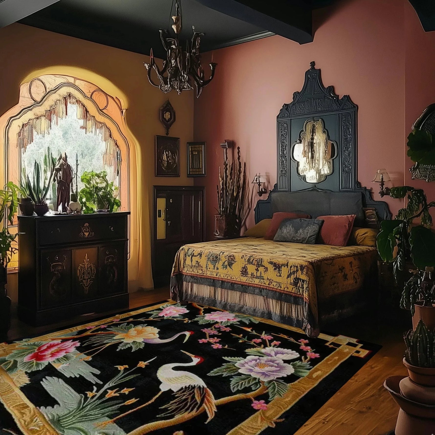 cranes in floral harmony hand tufted rug in an eclectic pink bedroom with ornate carved headboard and Moorish arch