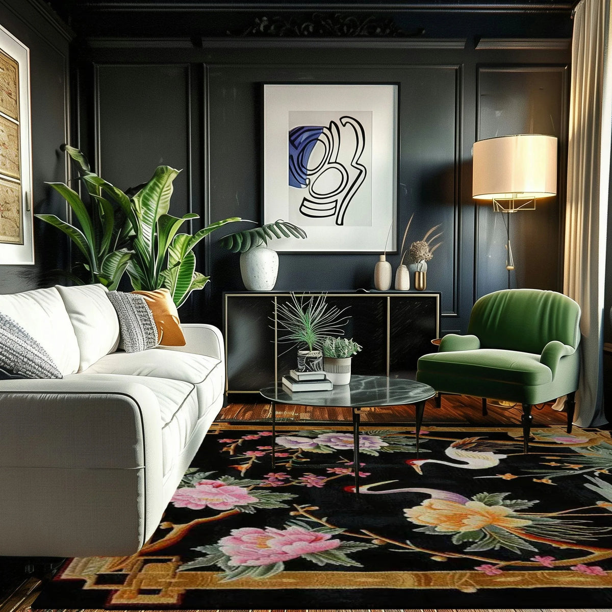 cranes in floral harmony hand tufted rug in a dark-paneled living room with white sofa, green velvet chair and tropical plants