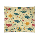 Cream comforter with distressed US map silhouettes, gold sunbursts and patriotic stars
