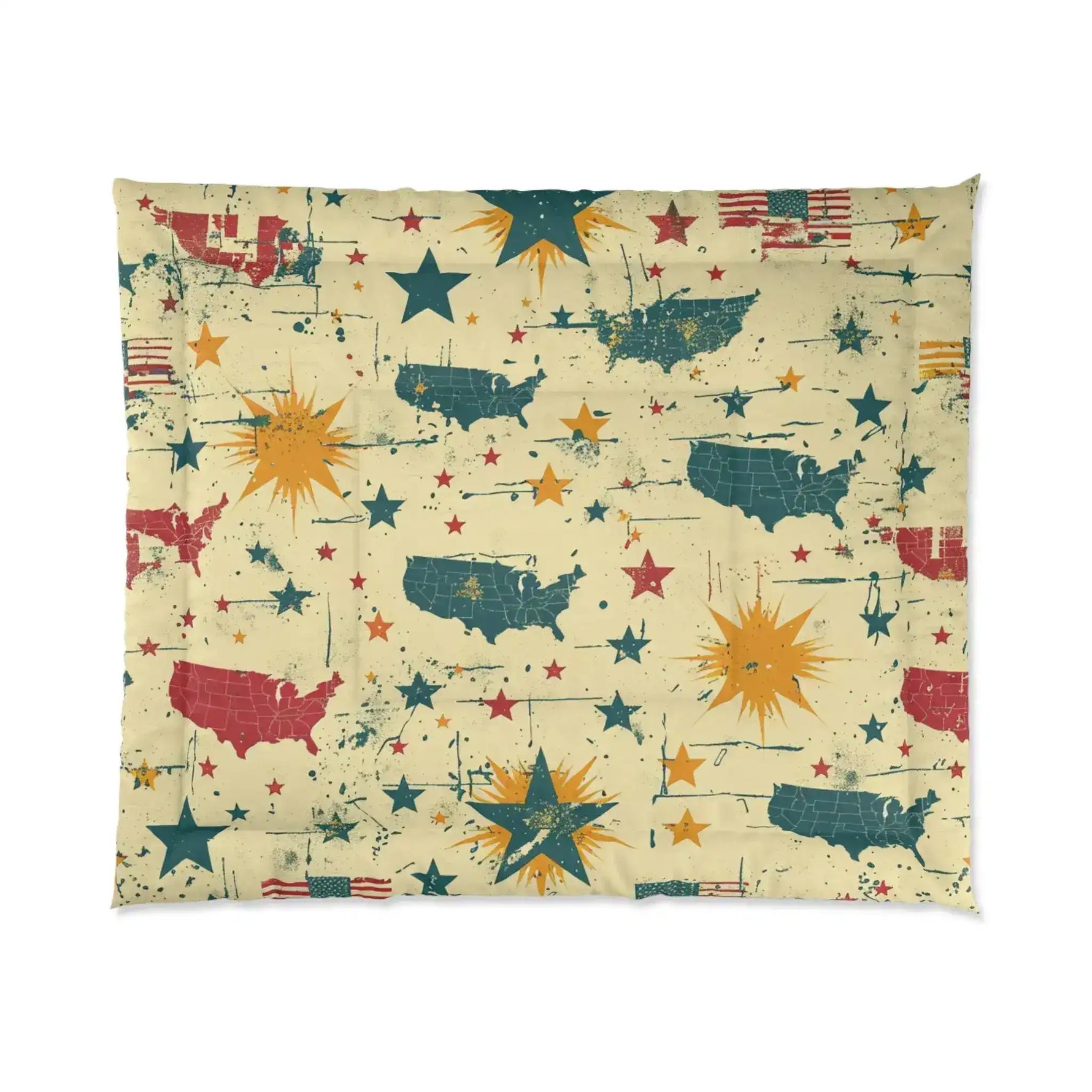 Cream comforter with distressed US map silhouettes, gold sunbursts and patriotic stars