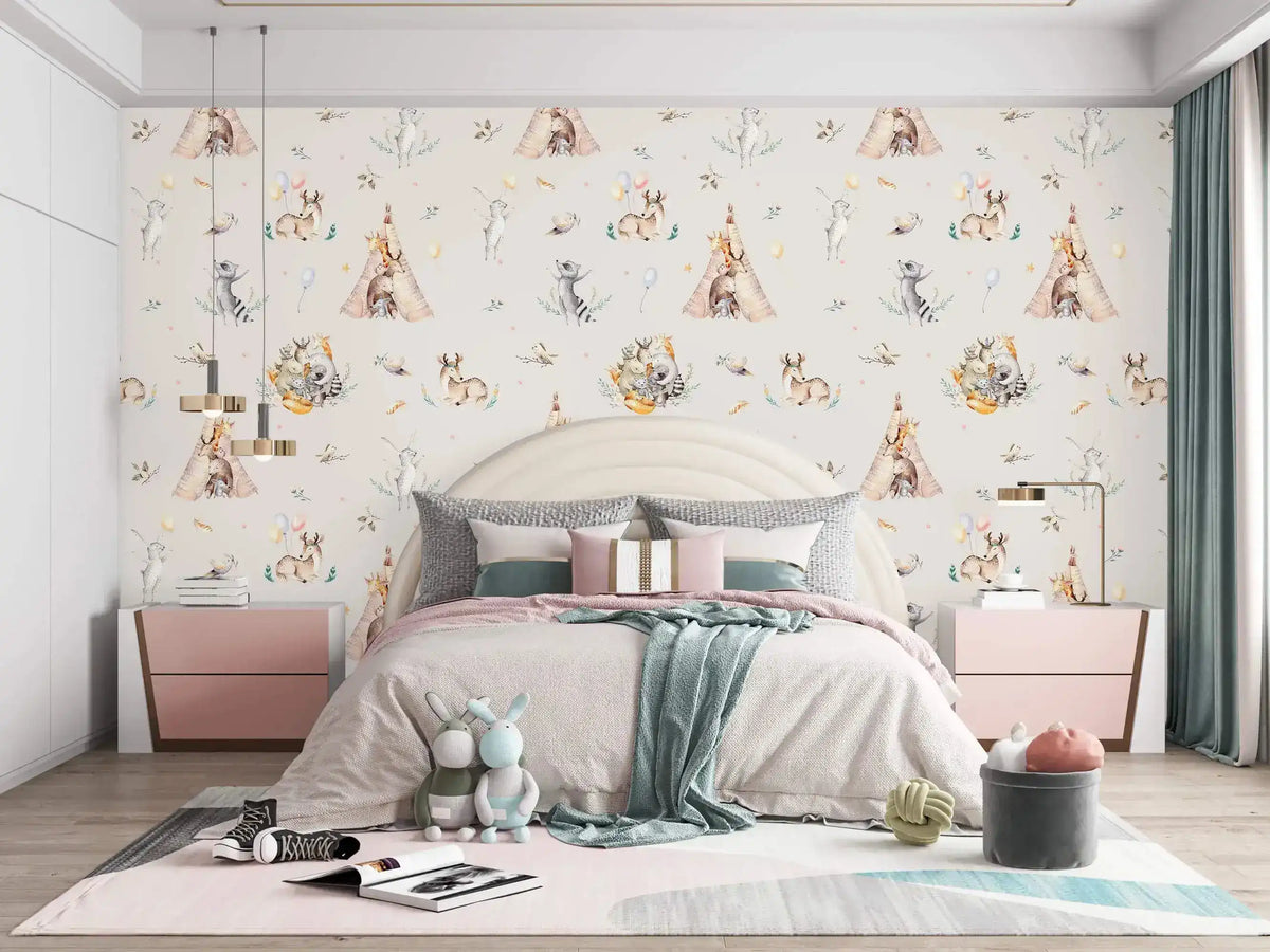 Cream kids wallpaper with watercolor woodland animals and teepees in child bedroom with arched bed
