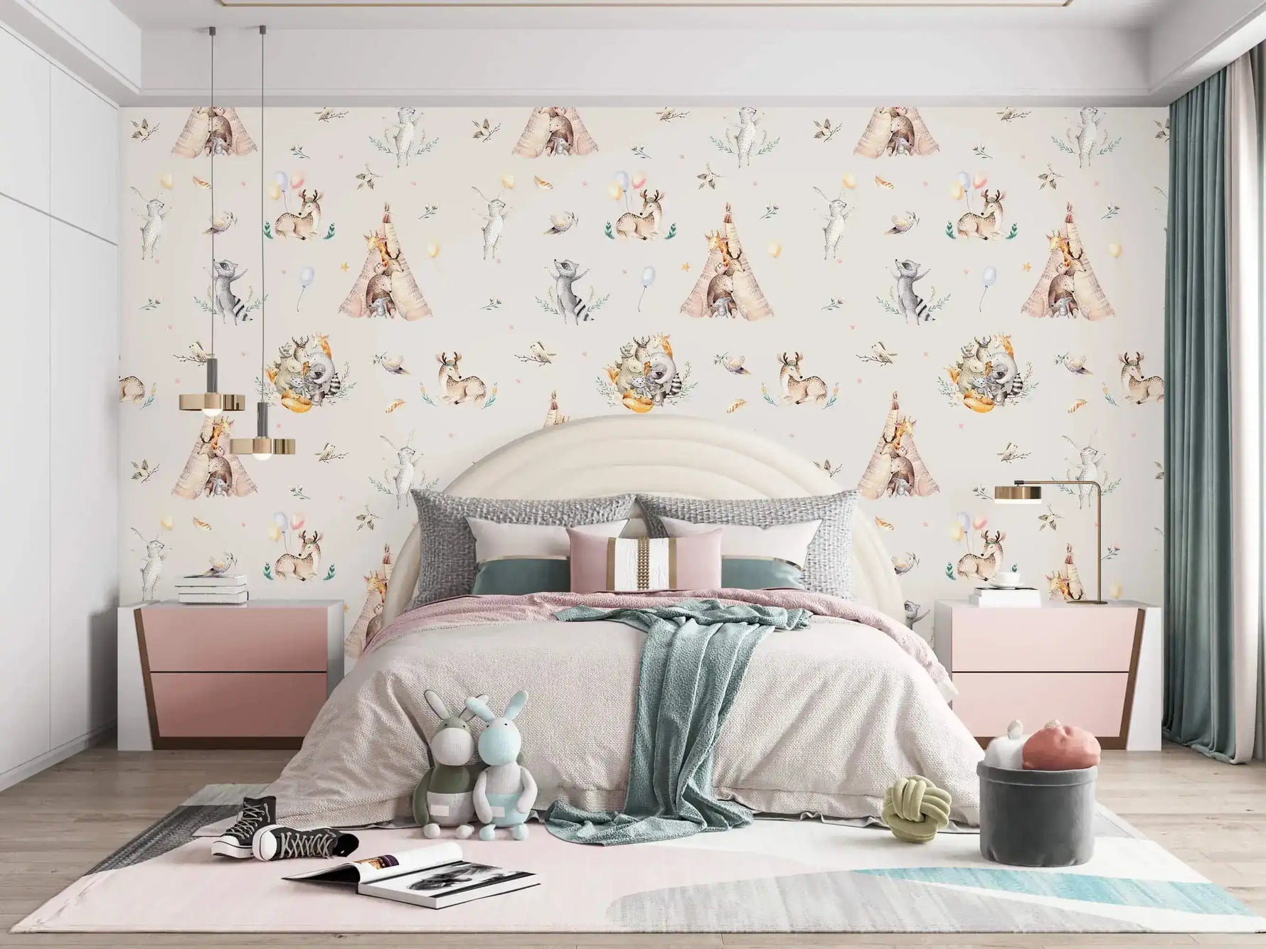 Cream kids wallpaper with watercolor woodland animals and teepees in child bedroom with arched bed