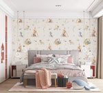 Cream kids wallpaper with woodland animals and teepees in bedroom with grey bed and pink throw